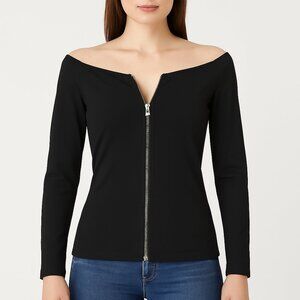 INK (NWOT) Black Off-Shoulder Zip-Up Jacket Women's Long Sleeve Fitted Blazer 38